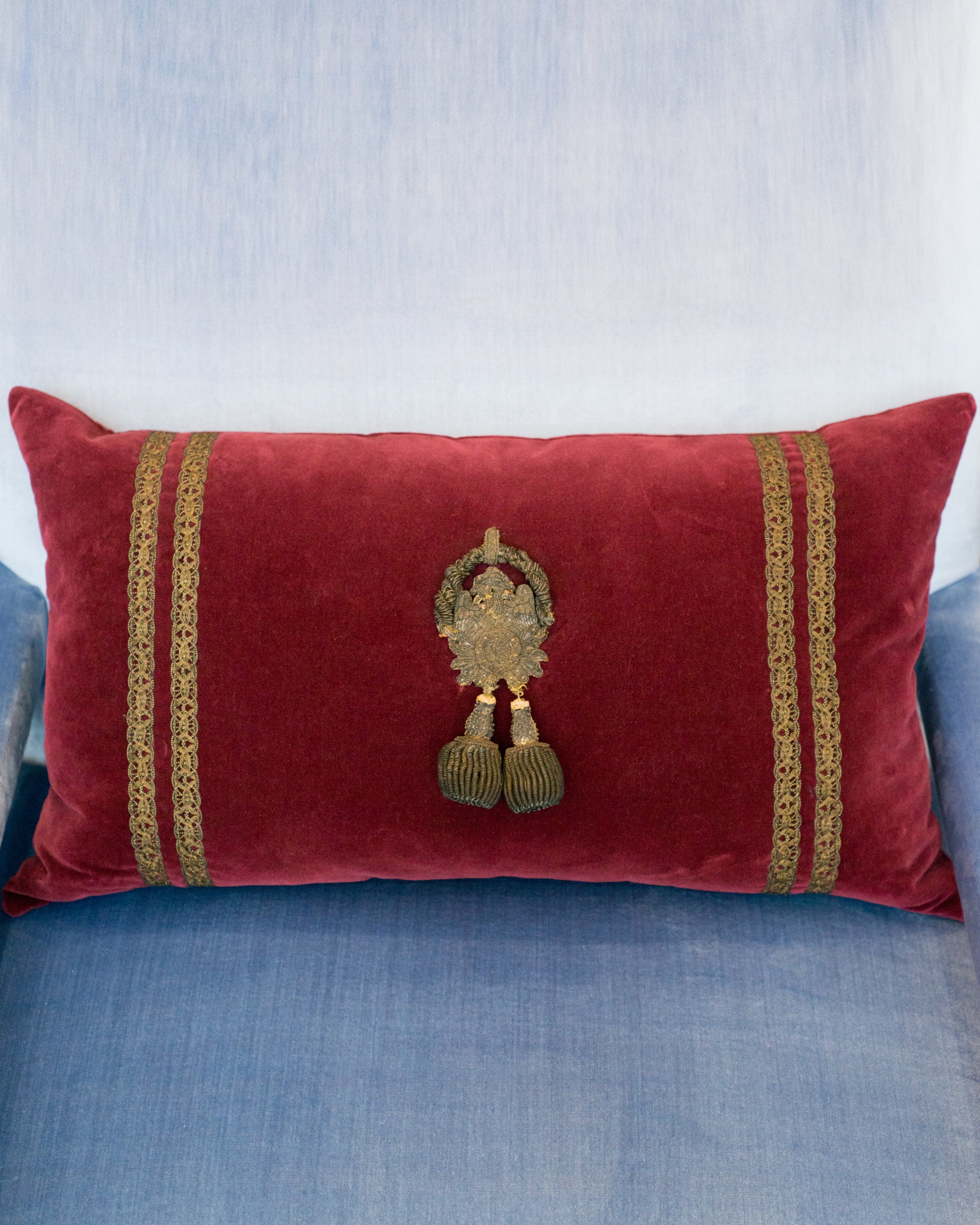 ANTIQUE LARGE BURGUNDY VELVET PILLOW WITH TRIM & TASSLES