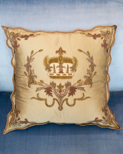 GOLD SILK PILLOW WITH EMBROIDERED & BEADED CROWN