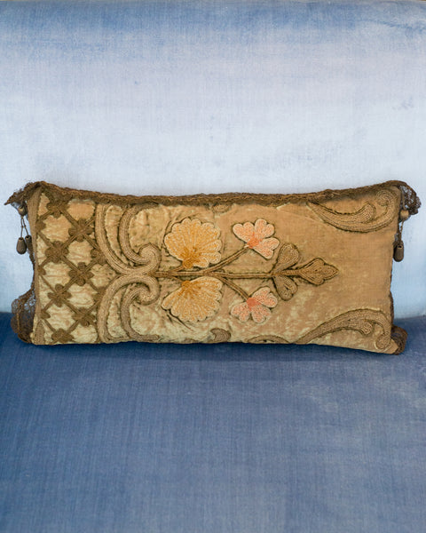 ANTIQUE OTTOMAN PILLOW WITH METALLIC TRIM AND EMBROIDERY