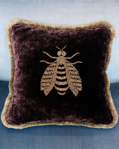 PURPLE VELVET PILLOW WITH A LARGE METALLIC EMBROIDERED BEE