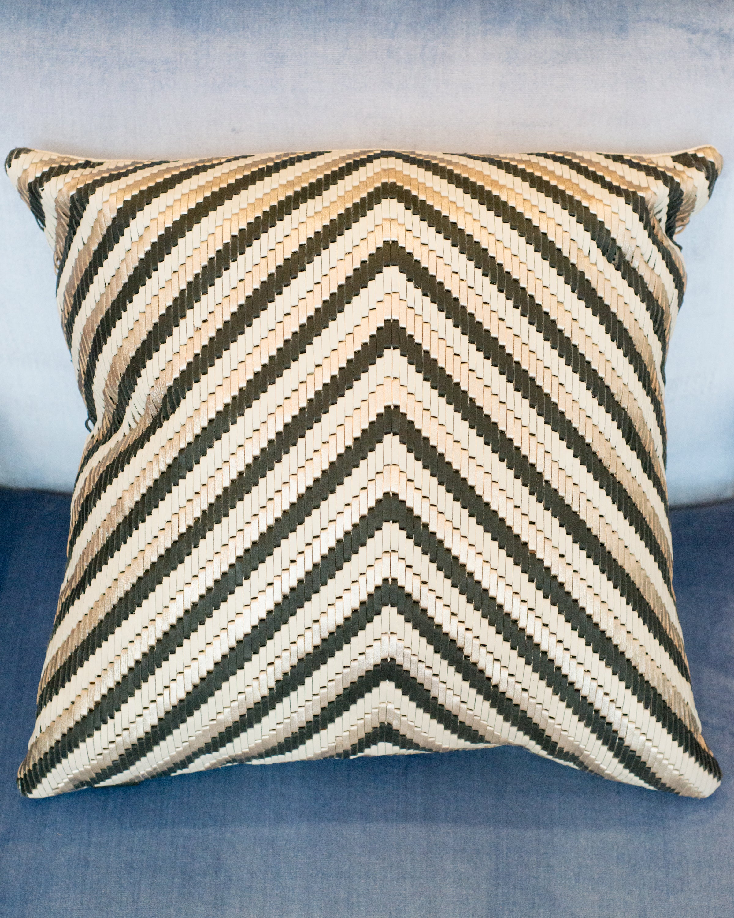 BLACK & SILVER WOVEN LEATHER & SUEDE PILLOW