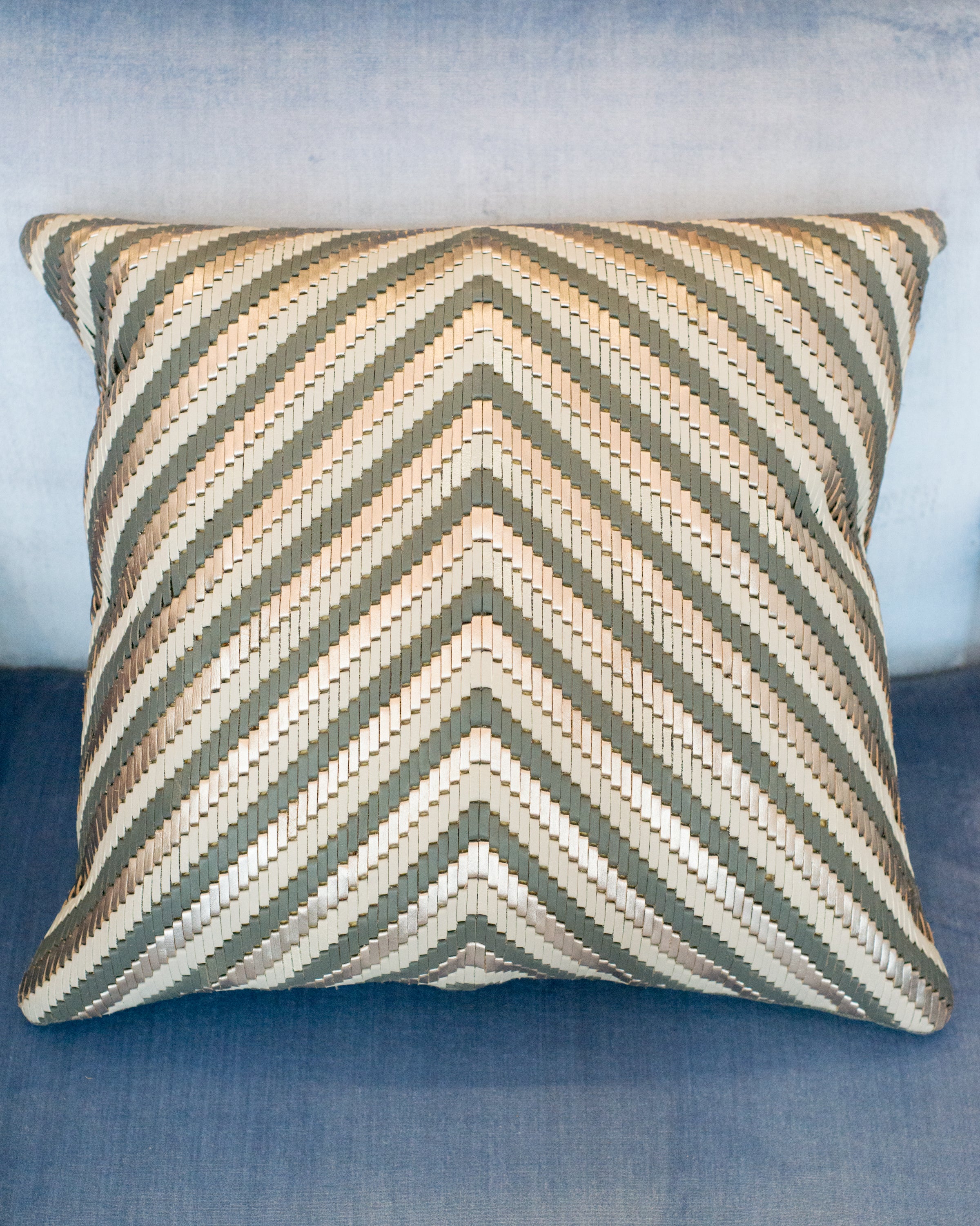 GREY & SILVER WOVEN LEATHER & SUEDE PILLOW