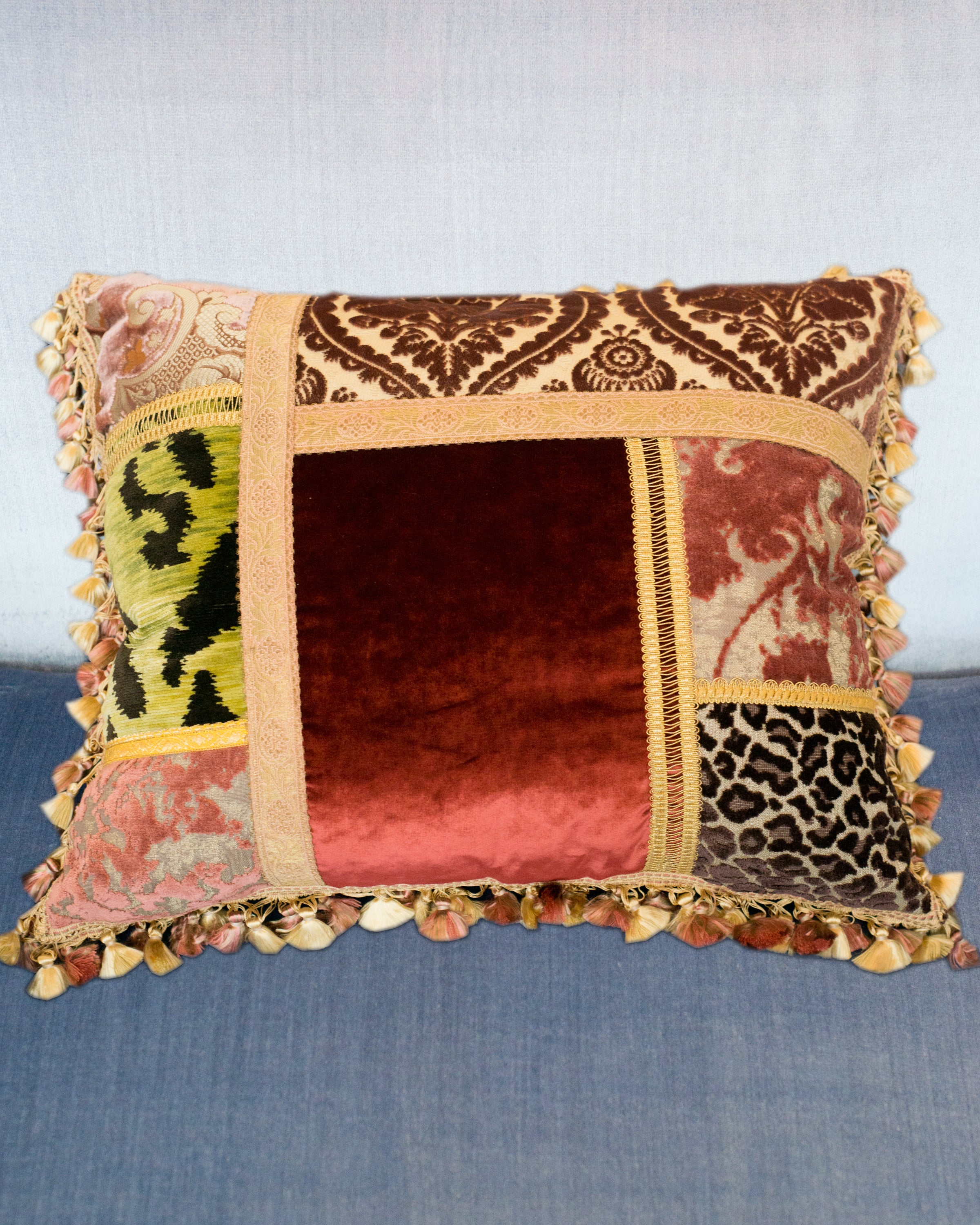 STUDIO MAISON NURITA PATCHWORK SILK & CUT PILE VELVET PILLOW WITH METALLIC GIMP AND TASSEL TRIM