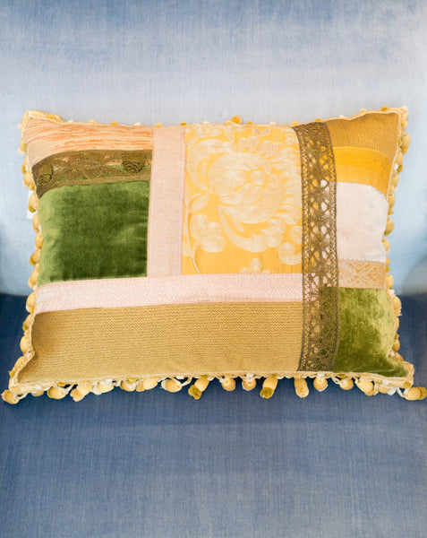 STUDIO MAISON NURITA PATCHWORK SILK & VELVET PILLOW WITH METALLIC GIMP AND TASSEL TRIM