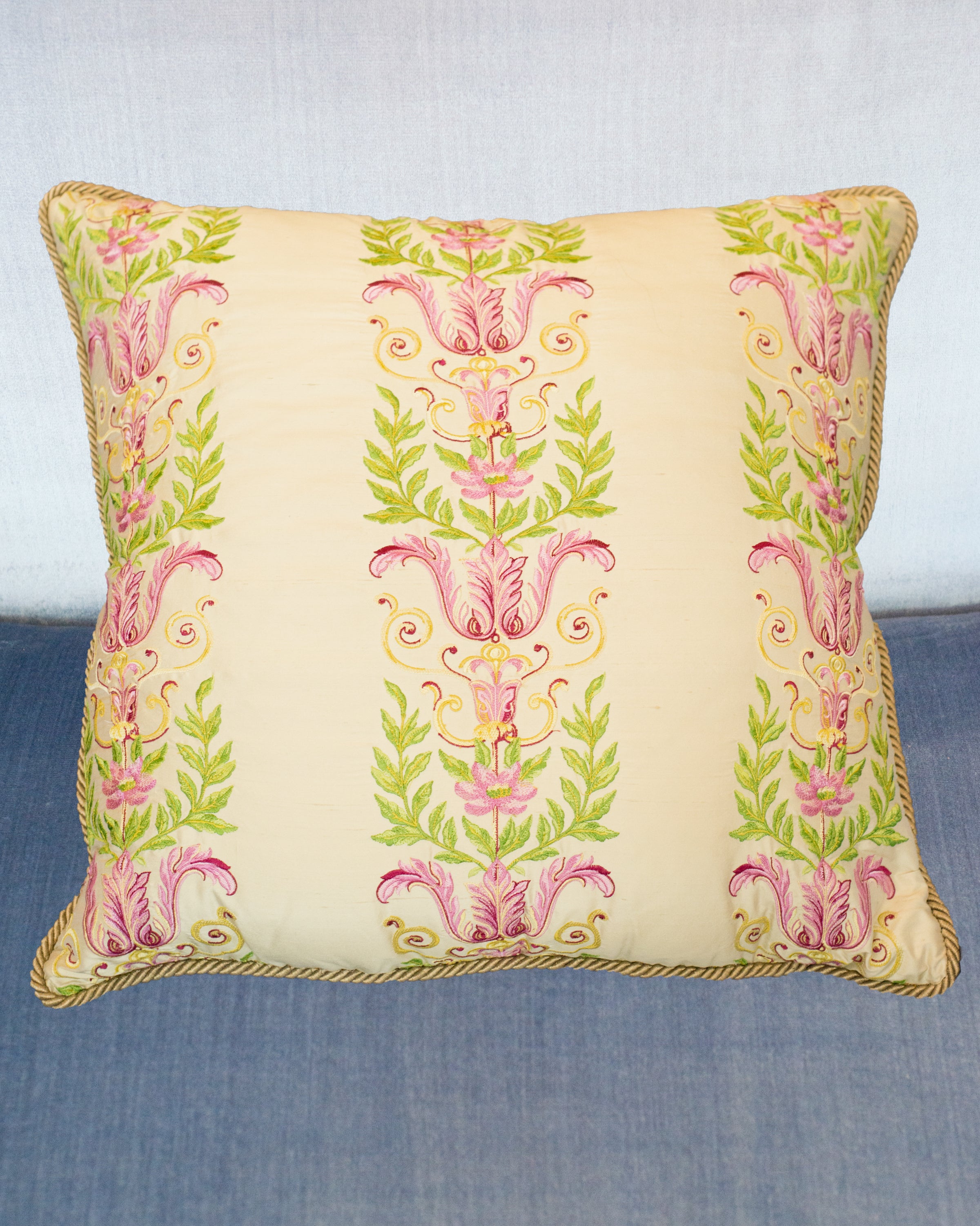 STUDIO MAISON NURITA EMBROIDERED CRÈME SILK & COTTON VELVET PILLOW WITH ROPE TRIM