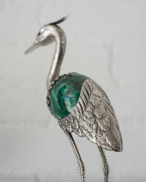 A 925 Sterling Silver heron with a Malachite egg by master Jeweler Alcino. Porto.