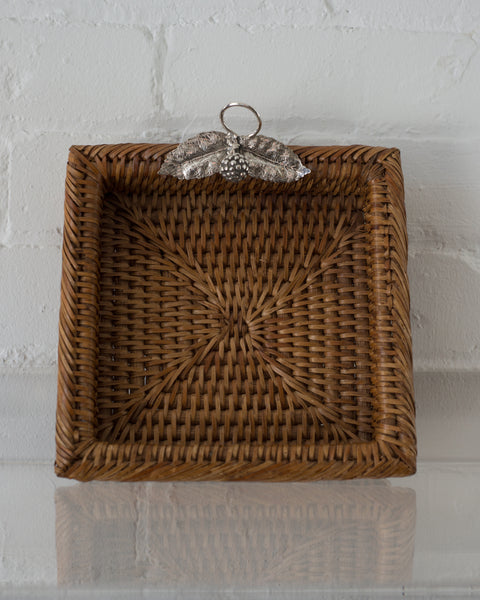 RATTAN SQUARE BASKET WITH 925 STERLING SILVER LEAVES AND A BERRY