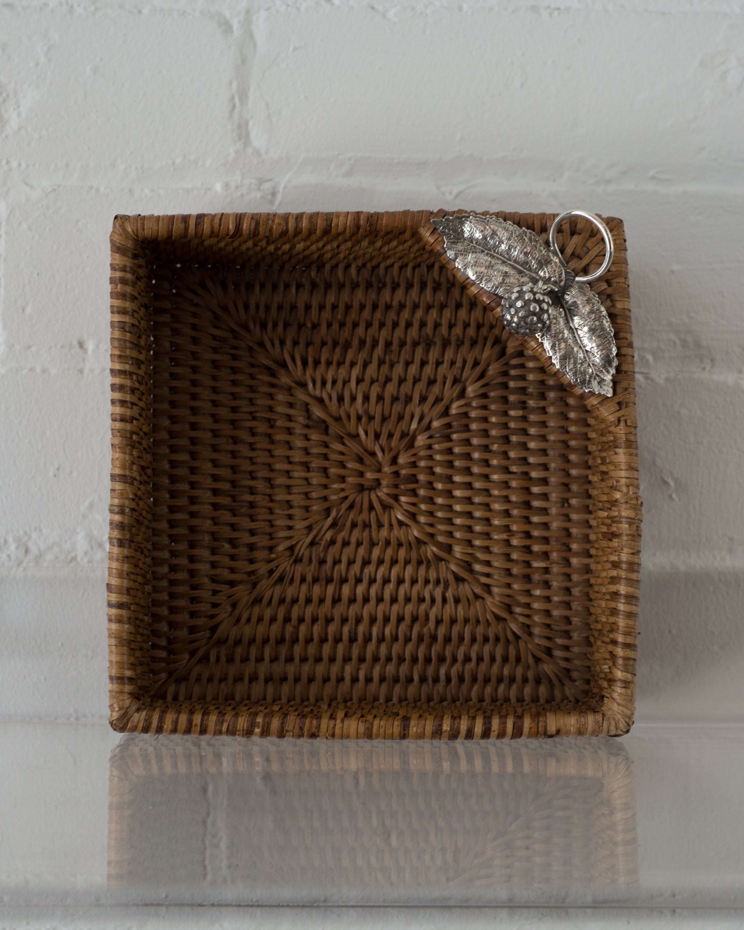 RATTAN SQUARE BASKET WITH 925 STERLING SILVER LEAVES AND A BERRY