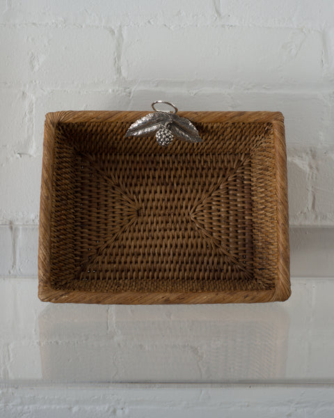 SMALL RATTAN RECTANGULAR BASKET WITH 925 STERLING SILVER LEAVES AND A BERRY