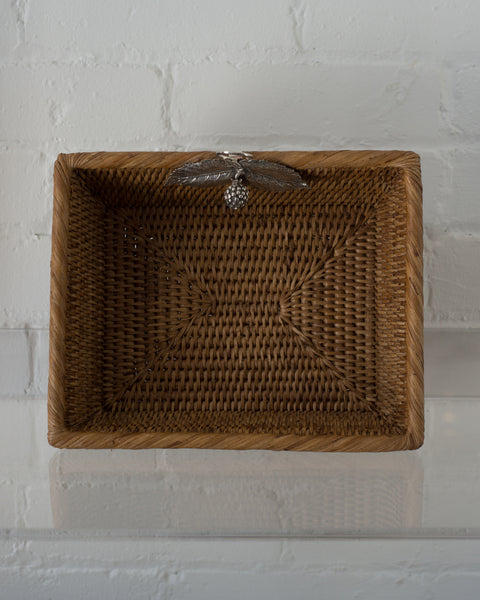 MEDIUM RATTAN RECTANGULAR BASKET WITH 925 STERLING SILVER LEAVES AND A BERRY