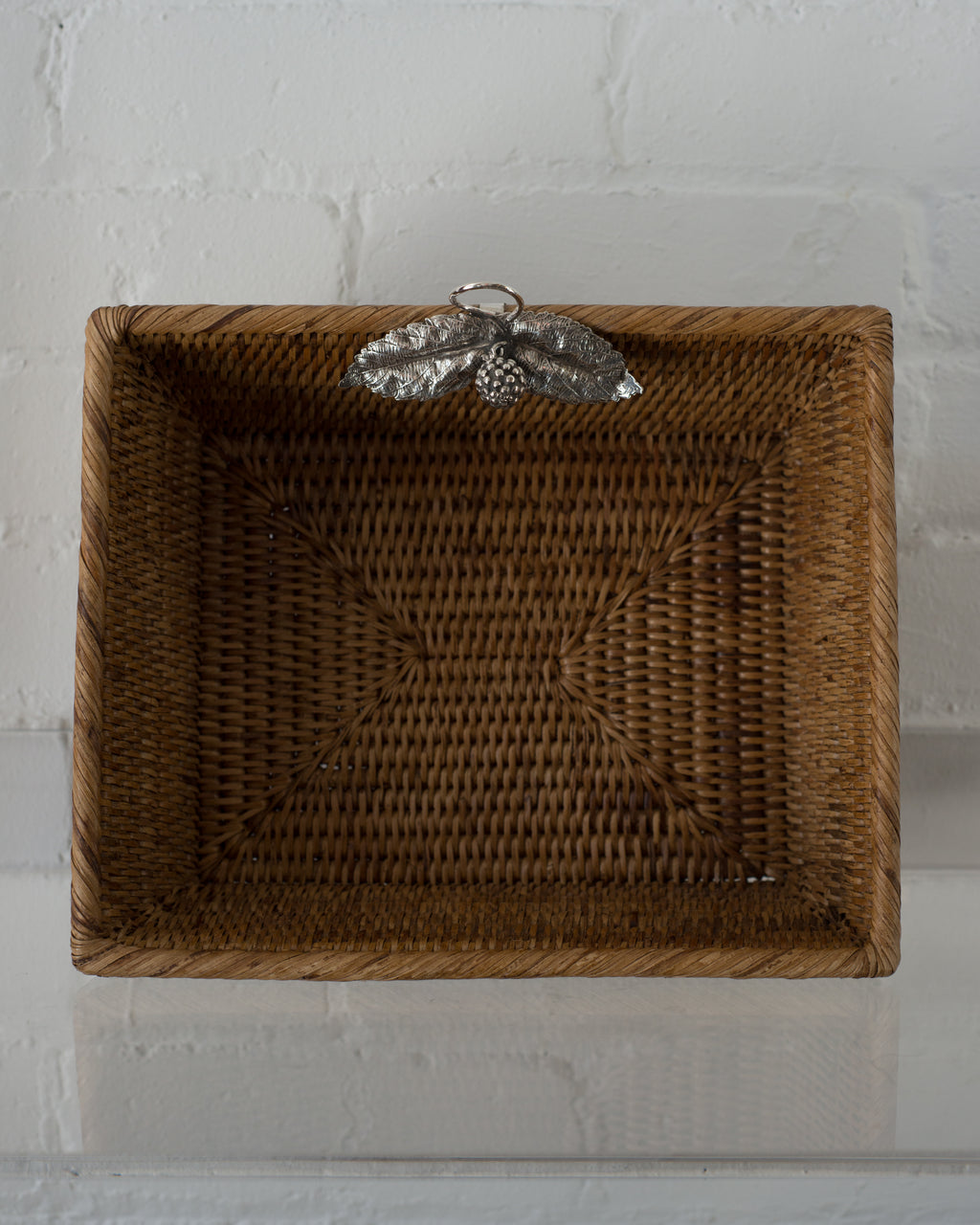 LARGE RATTAN RECTANGULAR BASKET WITH 925 STERLING SILVER LEAVES AND A BERRY