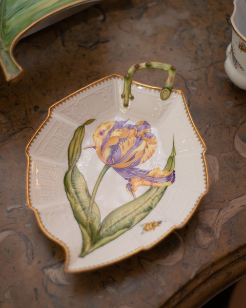 LEAF SHAPED DISH HANDPAINTED WITH PURPLE & YELLOW FLOWERS