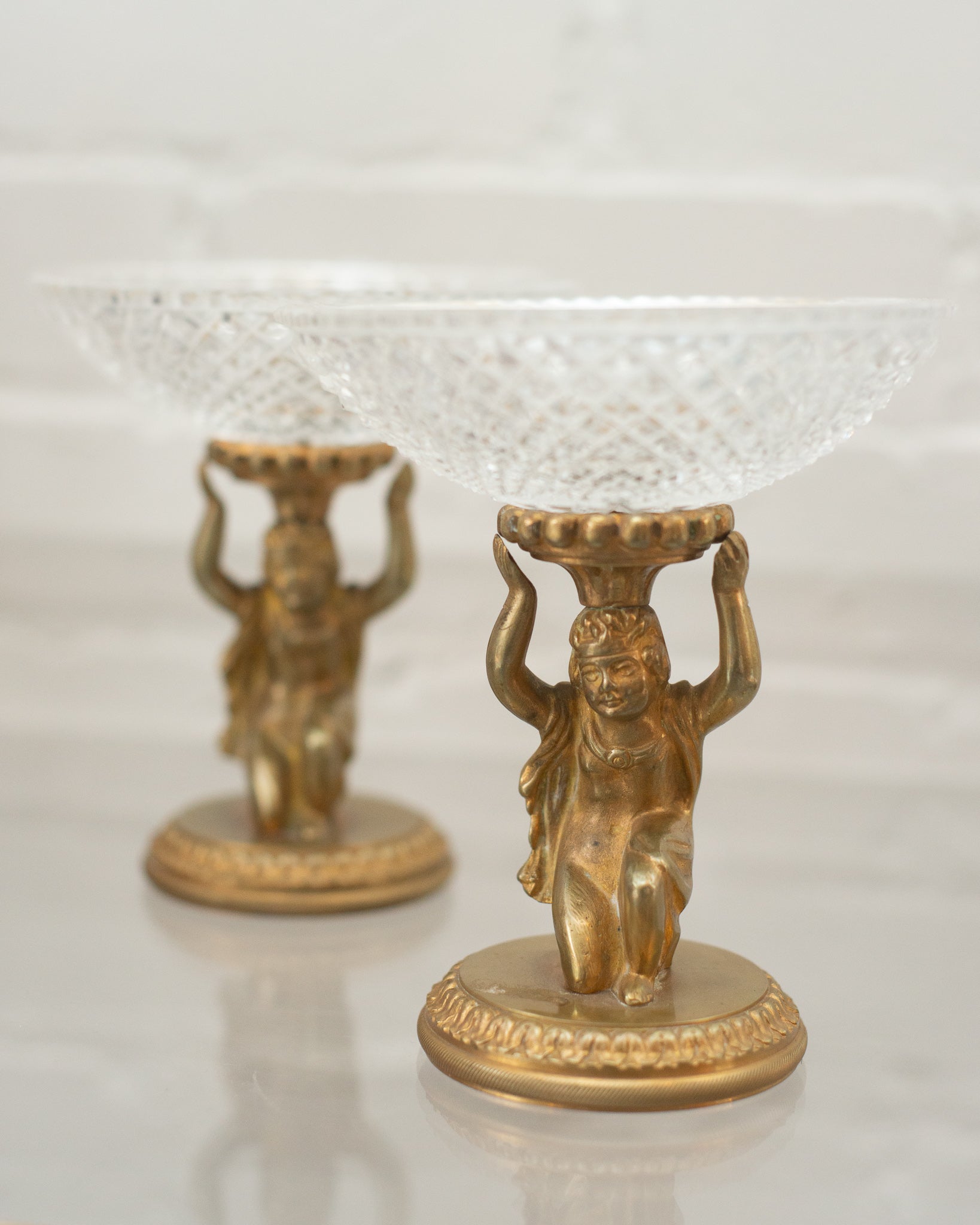 ANTIQUE PAIR OF BACCARAT CHERUB COMPOTES