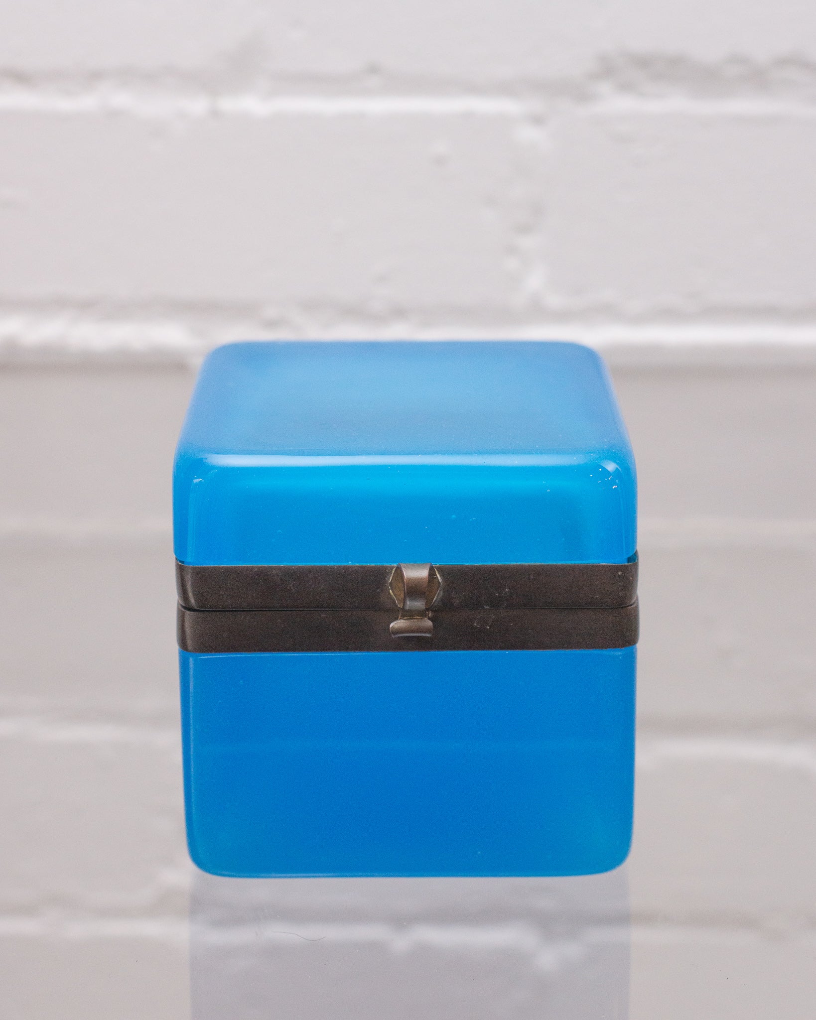 ANTIQUE BLUE OPALINE BOX WITH BRONZE HARDWARE