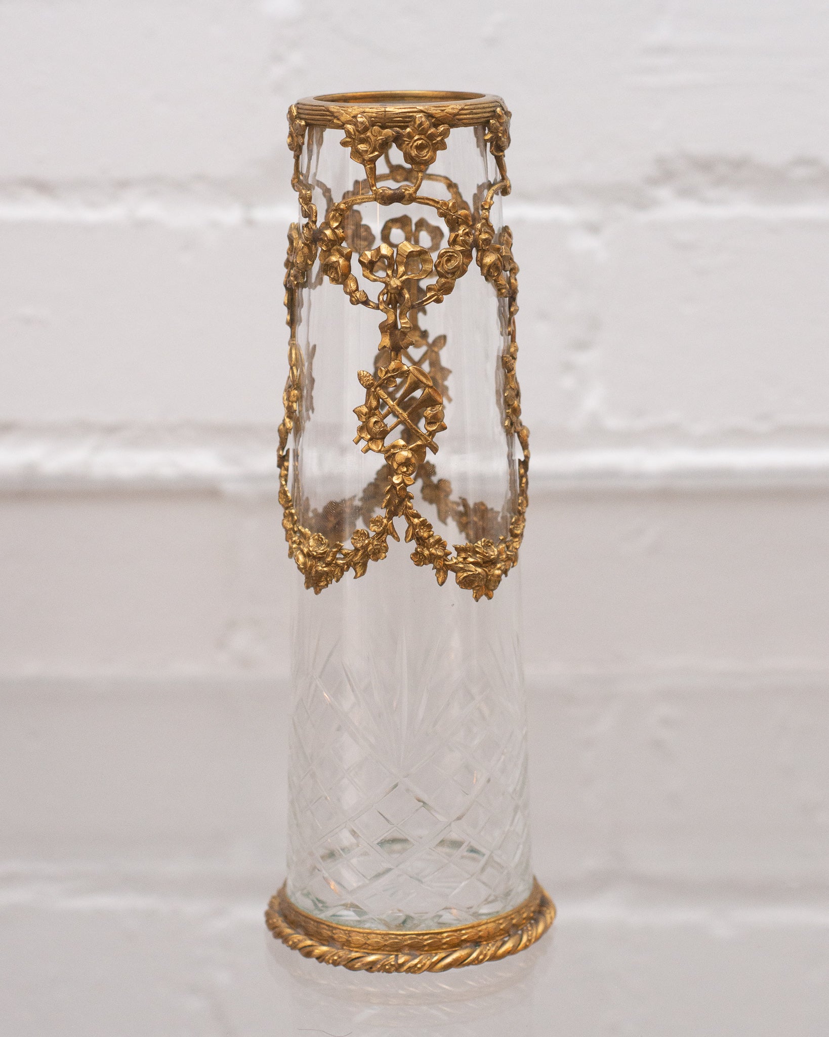 ANTIQUE SMALL CUT CRYSTAL VASE WITH ORMOLU WREATHS