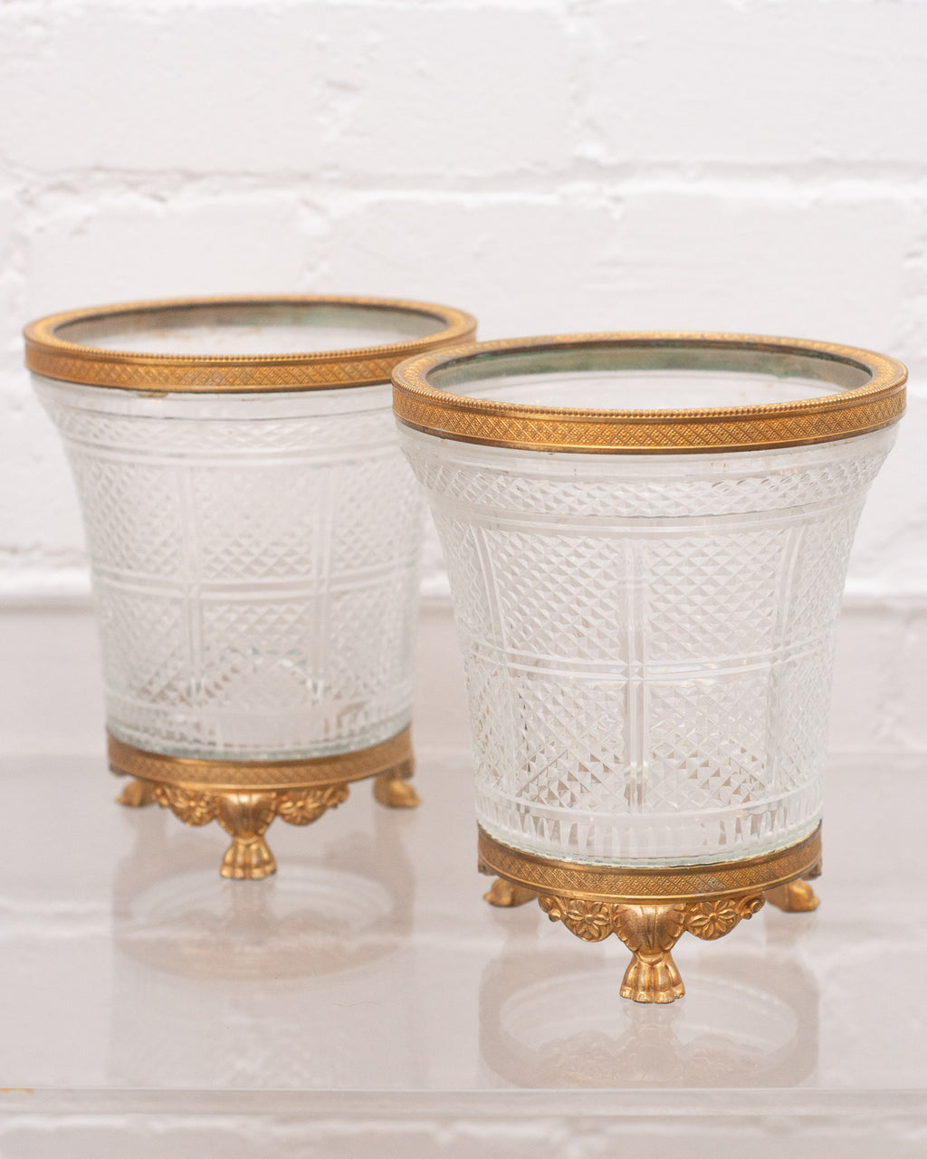 ANTIQUE PAIR OF BACCARAT CUT CRYSTAL & BRONZE VASES