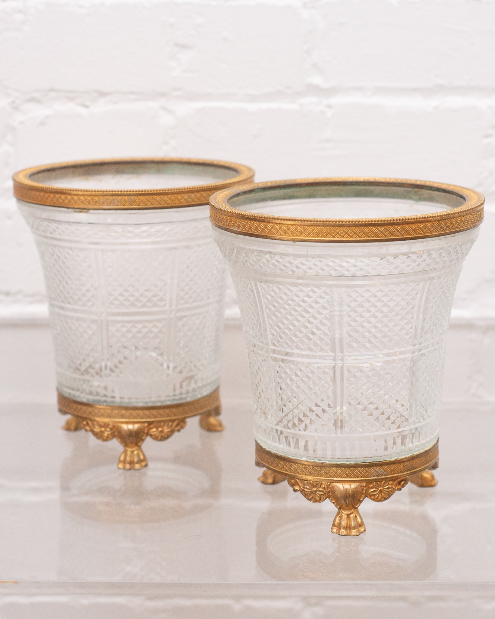 ANTIQUE PAIR OF BACCARAT CUT CRYSTAL & BRONZE VASES