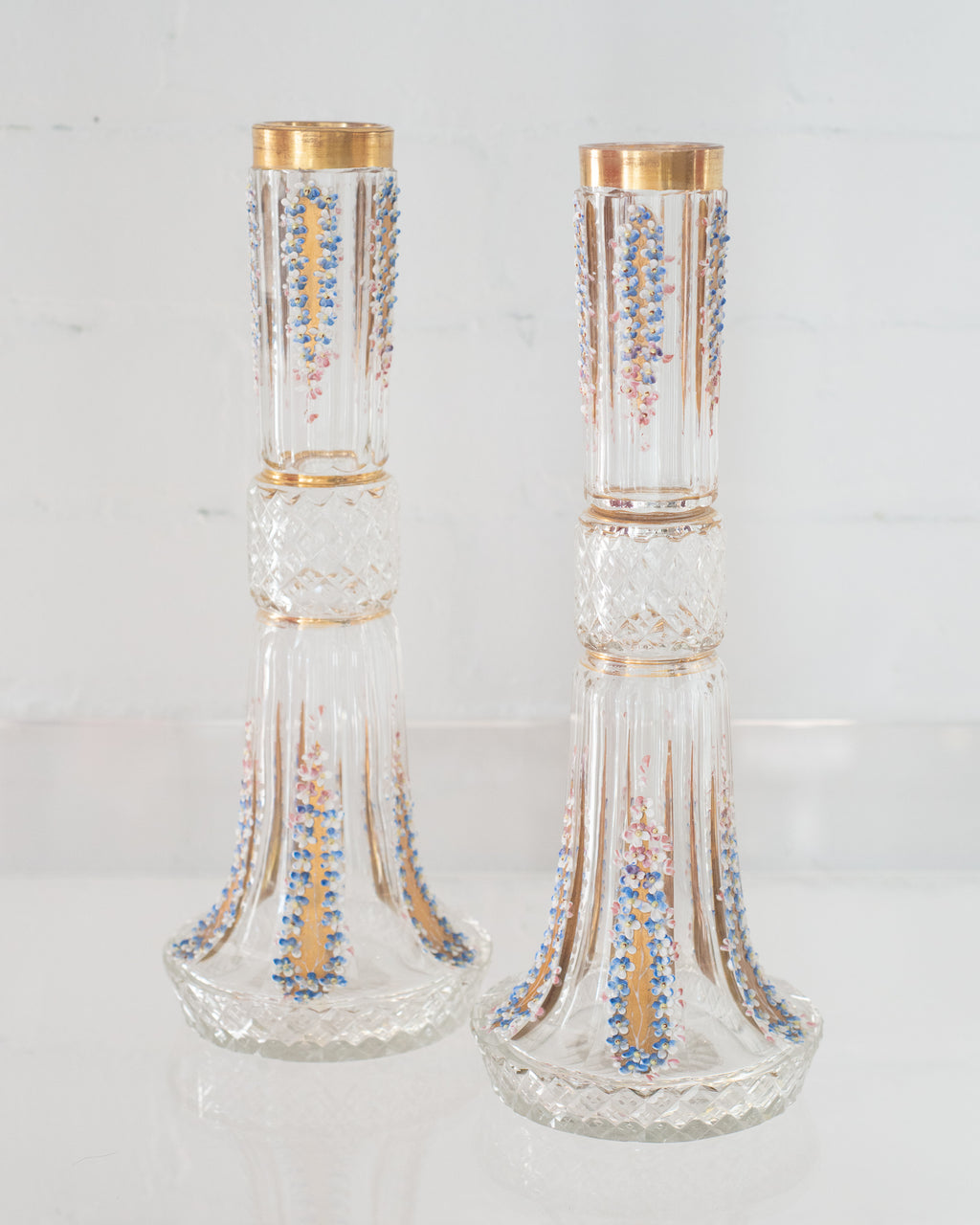 ANTIQUE PAIR OF CUT CRYSTAL HANDPAINTED VASES