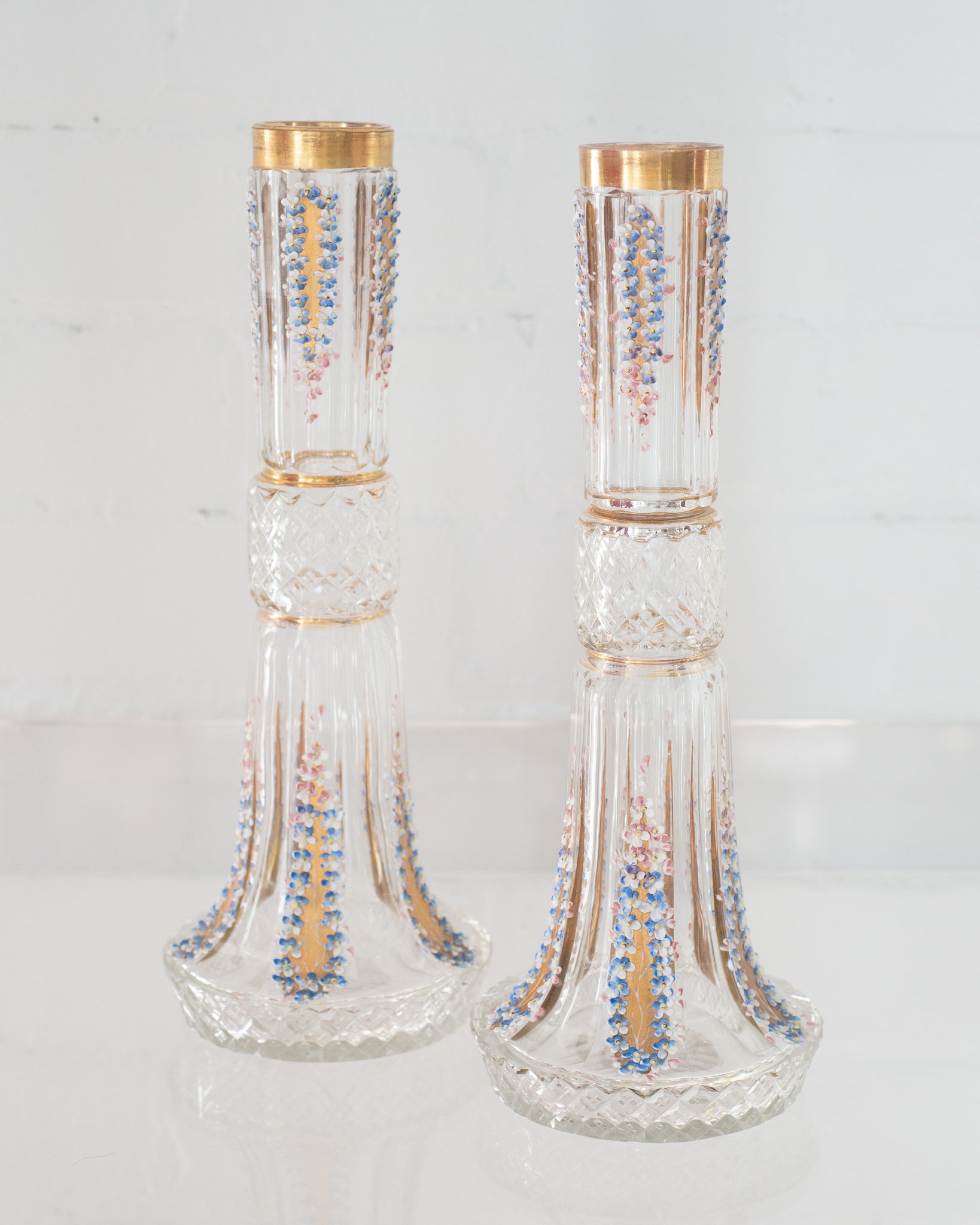 ANTIQUE PAIR OF CUT CRYSTAL HANDPAINTED VASES