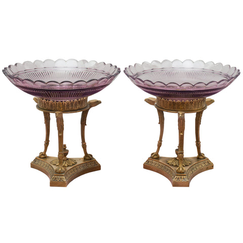 ANTIQUE PAIR OF FRENCH PURPLE CRYSTAL COMPOTES WITH BRONZE MOUNT