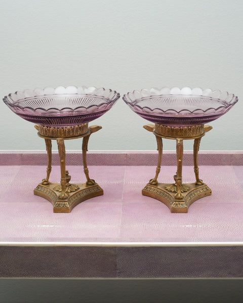 ANTIQUE PAIR OF FRENCH PURPLE CRYSTAL COMPOTES WITH BRONZE MOUNT