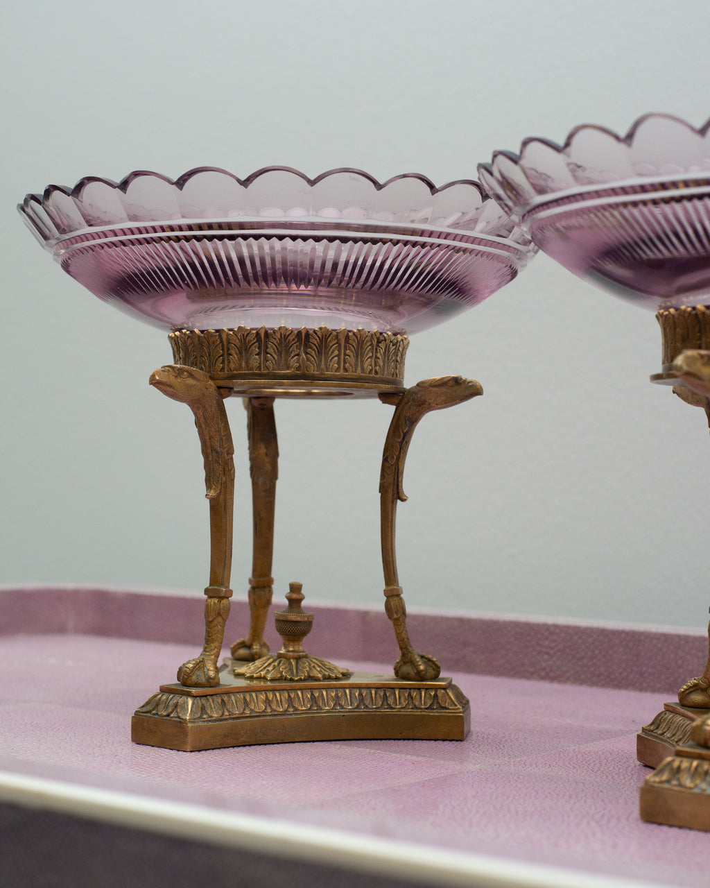 ANTIQUE PAIR OF FRENCH PURPLE CRYSTAL COMPOTES WITH BRONZE MOUNT
