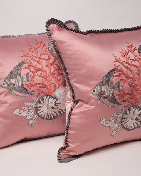 PAIR OF EMBROIDERED SILK SATIN PILLOW WITH SHELLS