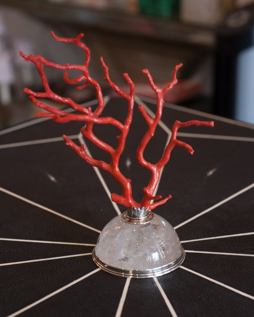 An exquisite authentic Italian coral branch on a rock crystal base with Sterling Silver, by master jeweller Pestelli, Florence.