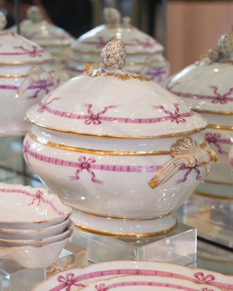 A Magnificent French Antique 22 piece dinner set circa 1850 with pink ribbon design.