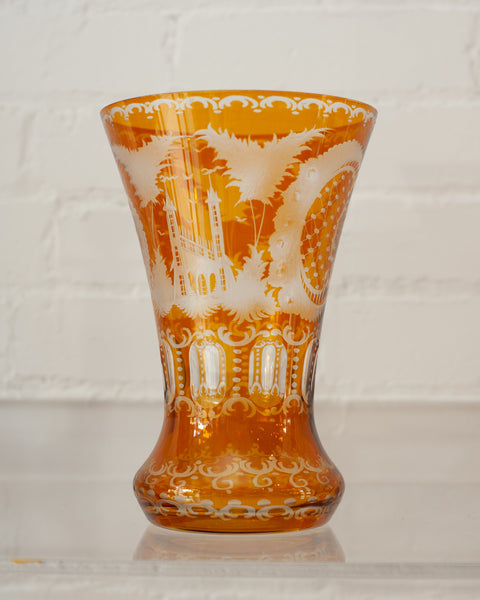 ANTIQUE BOHEMIAN AMBER ETCHED CRYSTAL VASE