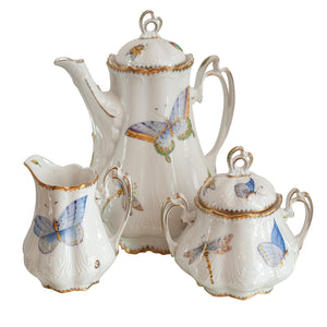 THREE PIECE COFFEE/TEA SET HANDPAINTED WITH BUTTERFLIES