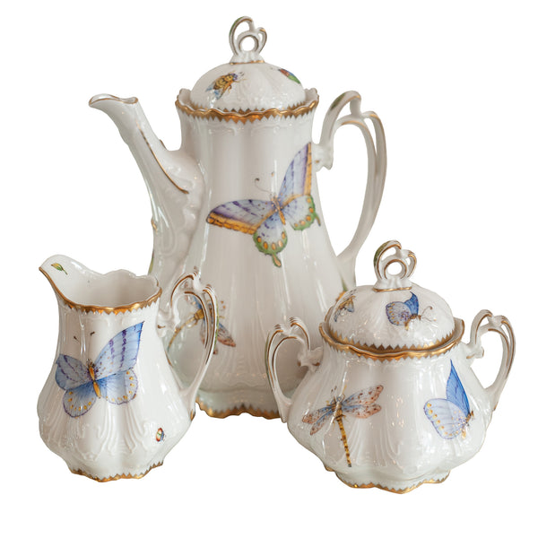 THREE PIECE COFFEE/TEA SET HANDPAINTED WITH BUTTERFLIES