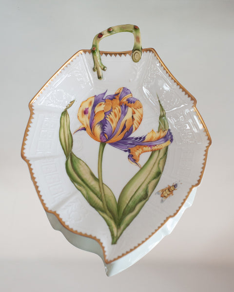 LEAF SHAPED DISH HANDPAINTED WITH PURPLE & YELLOW FLOWERS