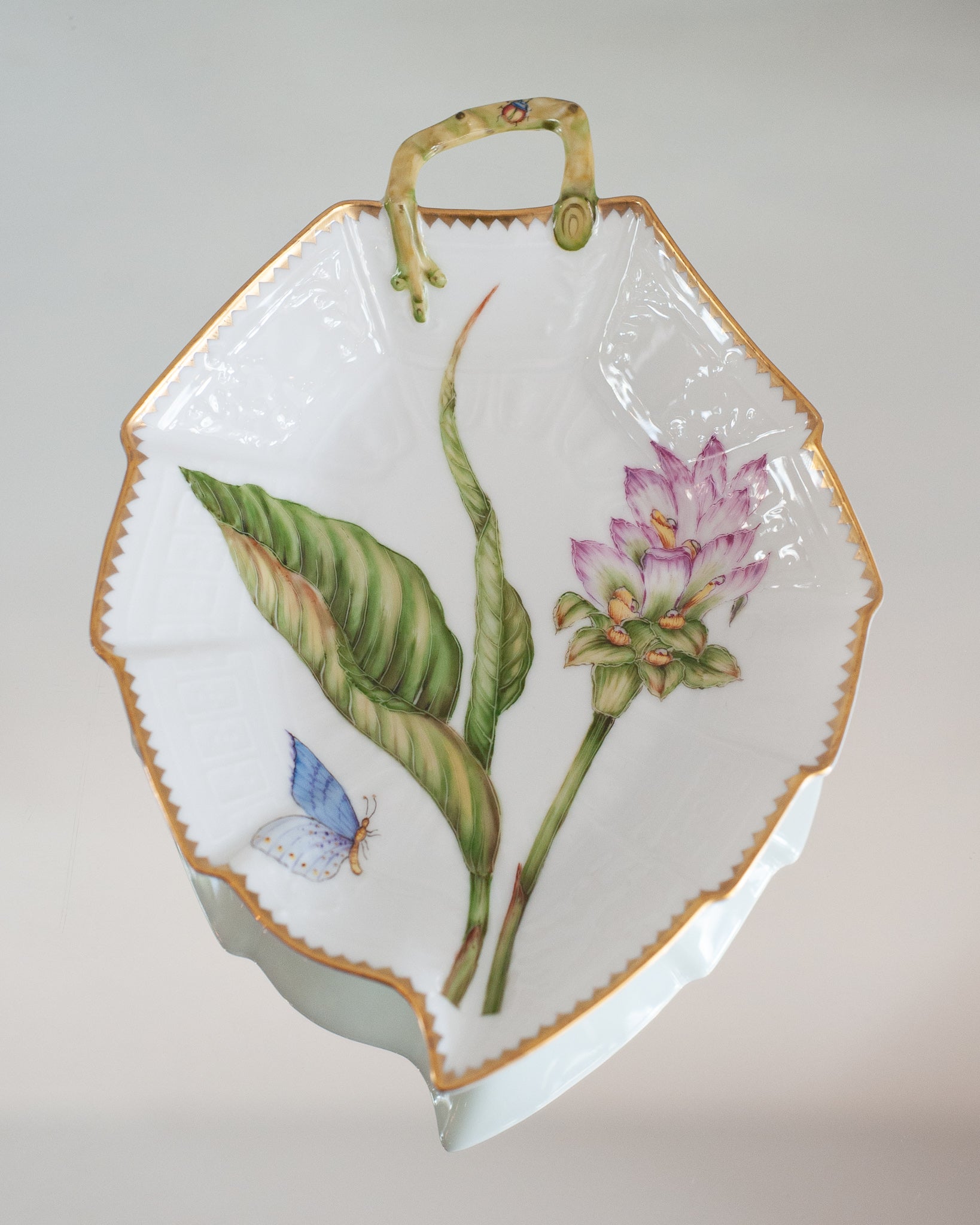 LEAF SHAPED DISH HANDPAINTED WITH GINGER FLOWER