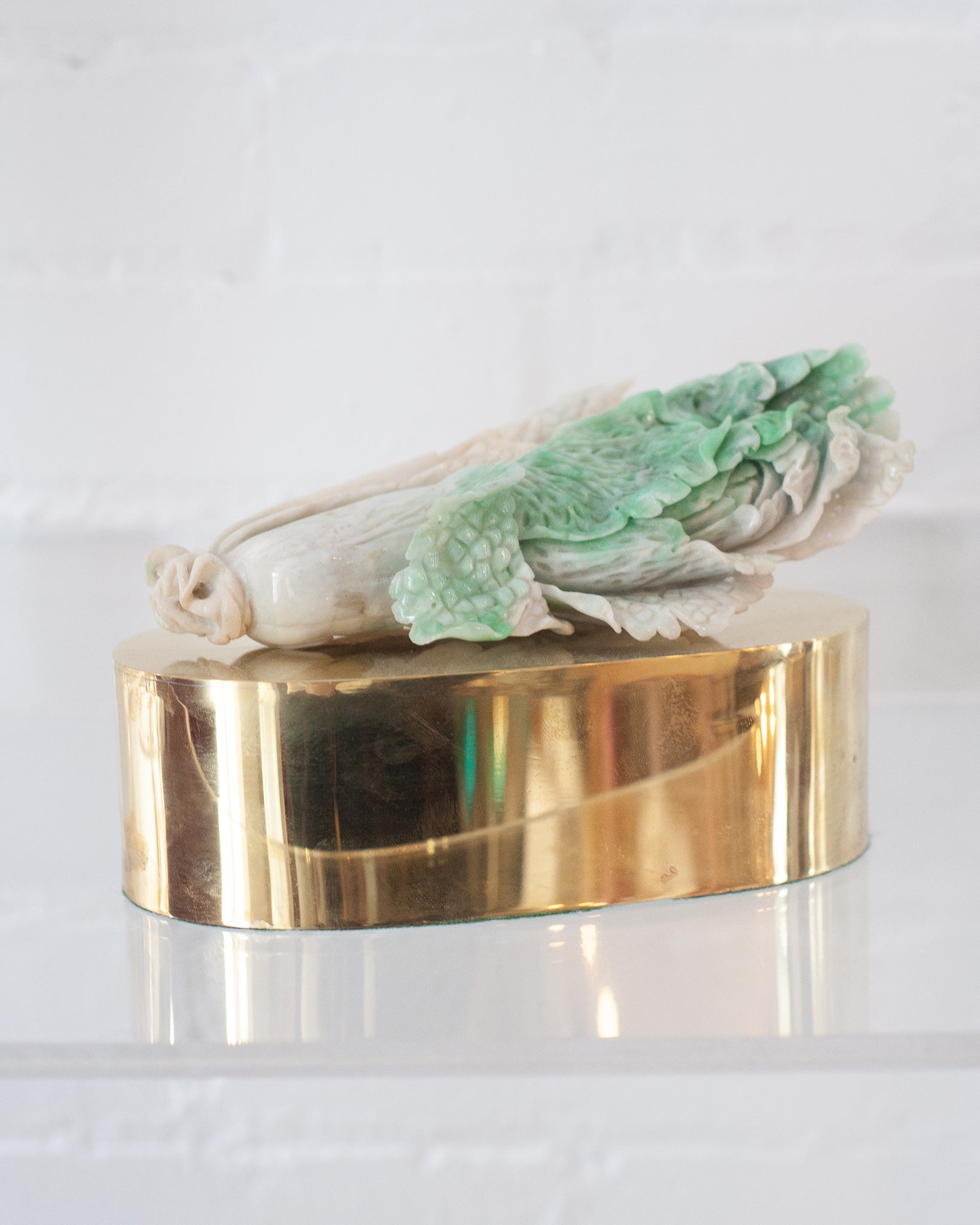 ANTIQUE CARVED JADE CABBAGE ON A CUSTOM BRASS BASE