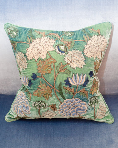 EMBROIDERED PILLOW ON BLUE GREEN SILK VELVET