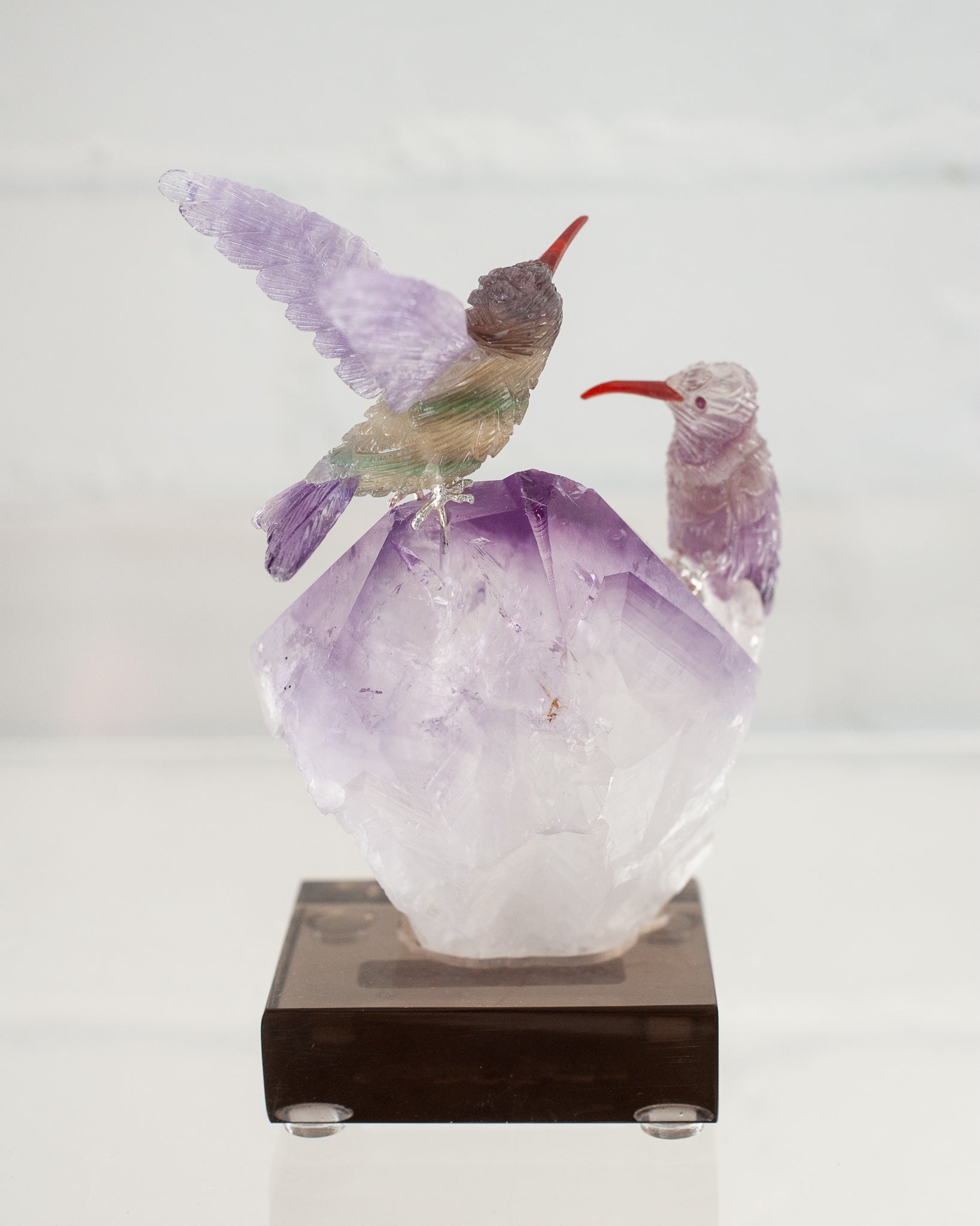 FLUORITE HUMMINGBIRD PAIR ON AMETHYST BASE