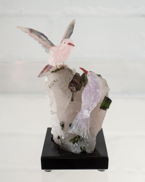 AMETHYST AND ROSE QUARTZ HUMMINGBIRD PAIR ON TOURMALINE & QUARTZ BASE