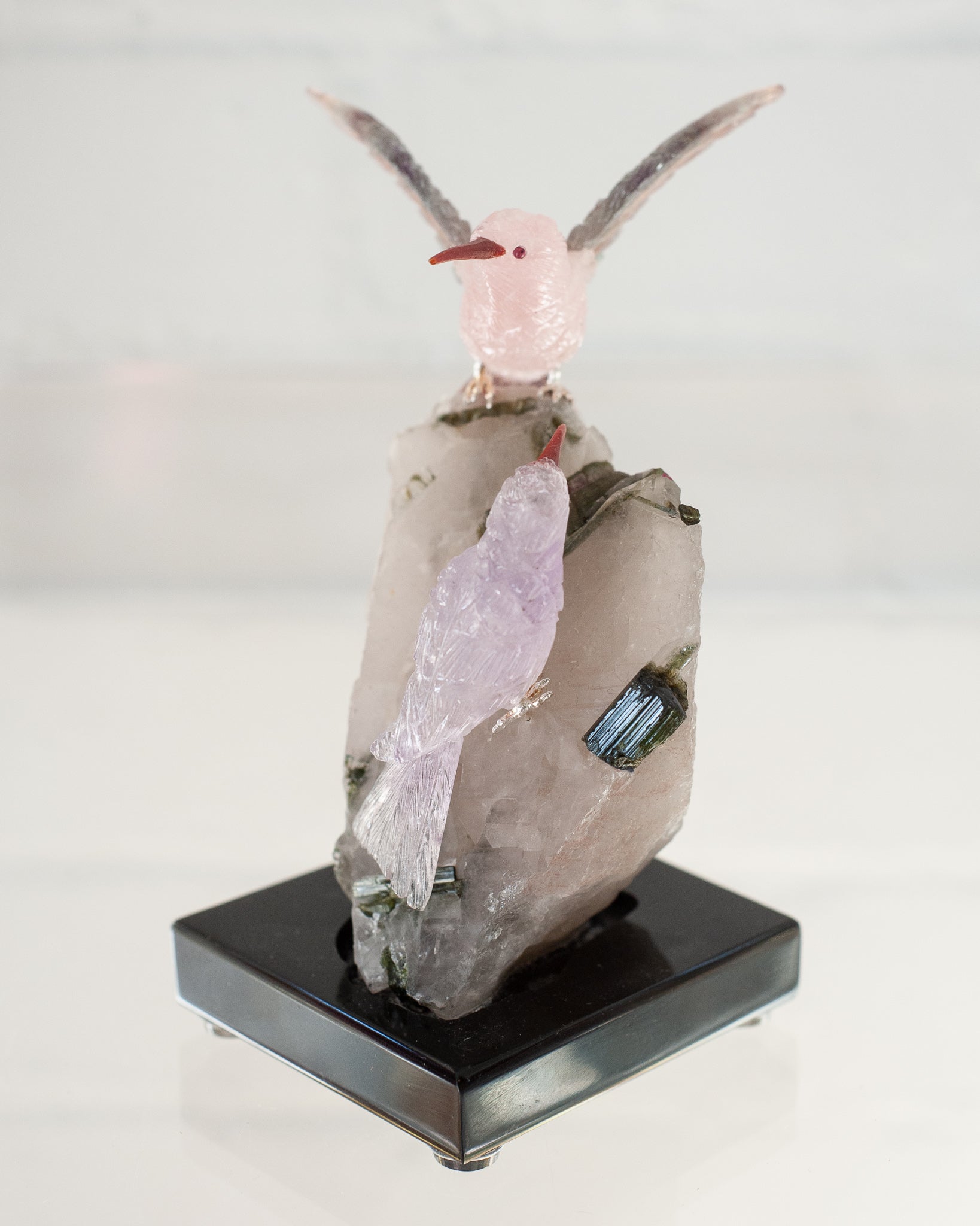 AMETHYST AND ROSE QUARTZ HUMMINGBIRD PAIR ON TOURMALINE & QUARTZ BASE