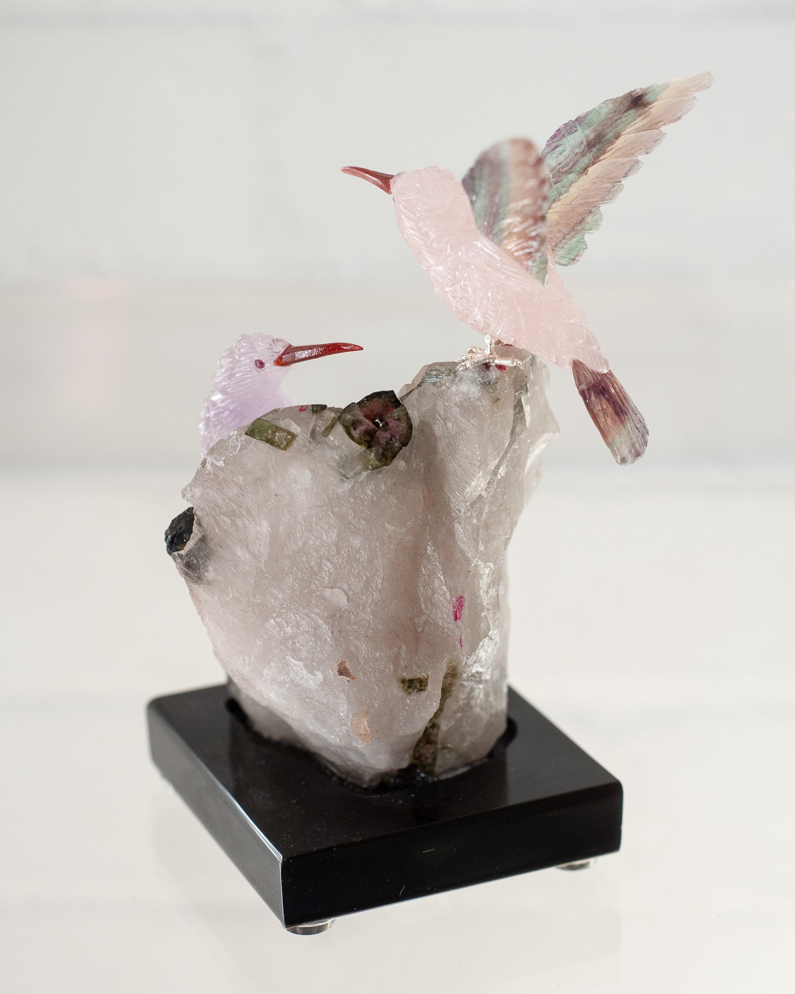 AMETHYST AND ROSE QUARTZ HUMMINGBIRD PAIR ON TOURMALINE & QUARTZ BASE