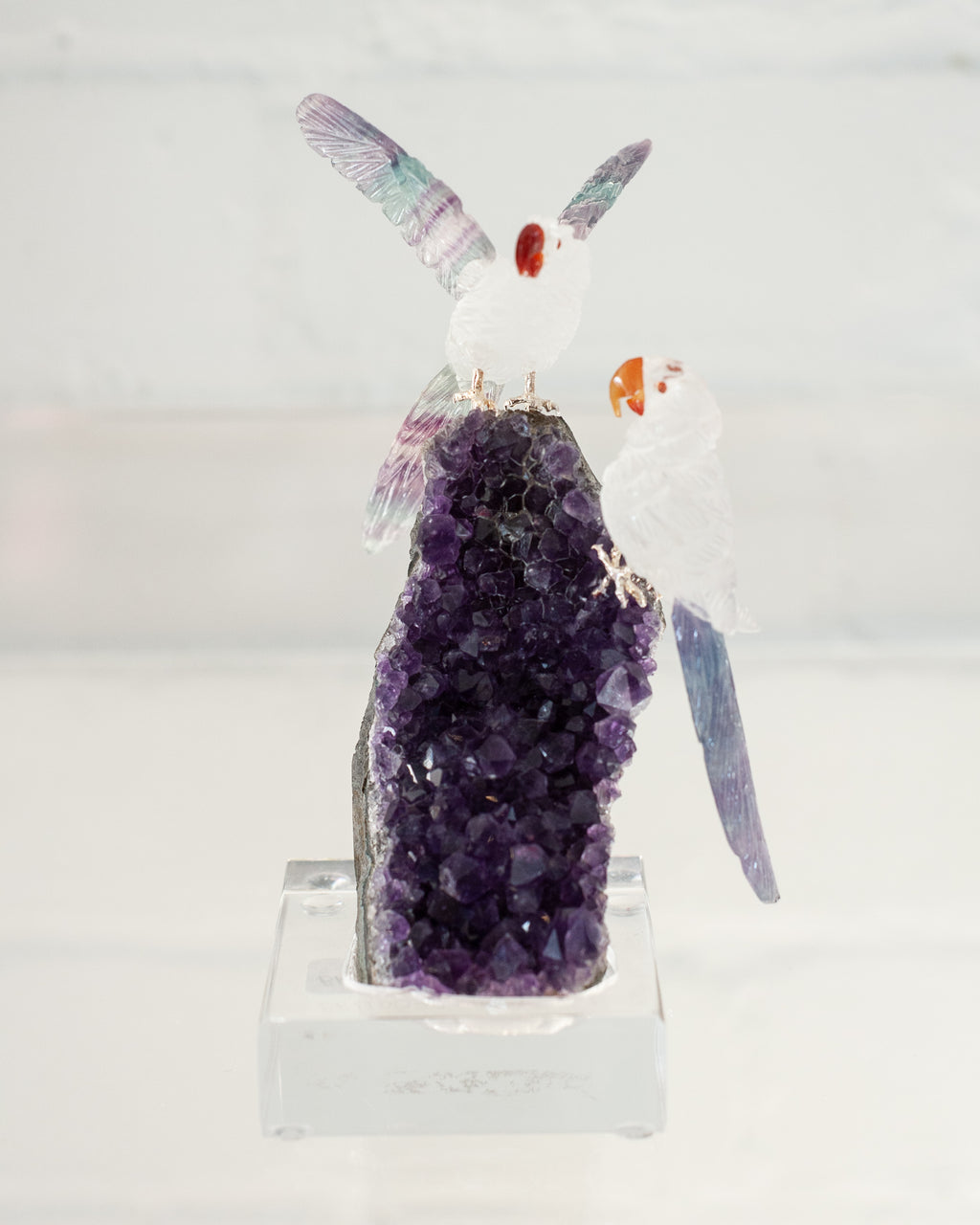 QUARTZ & FLUORITE MACAW PAIR ON AMETHYST GEODE BASE