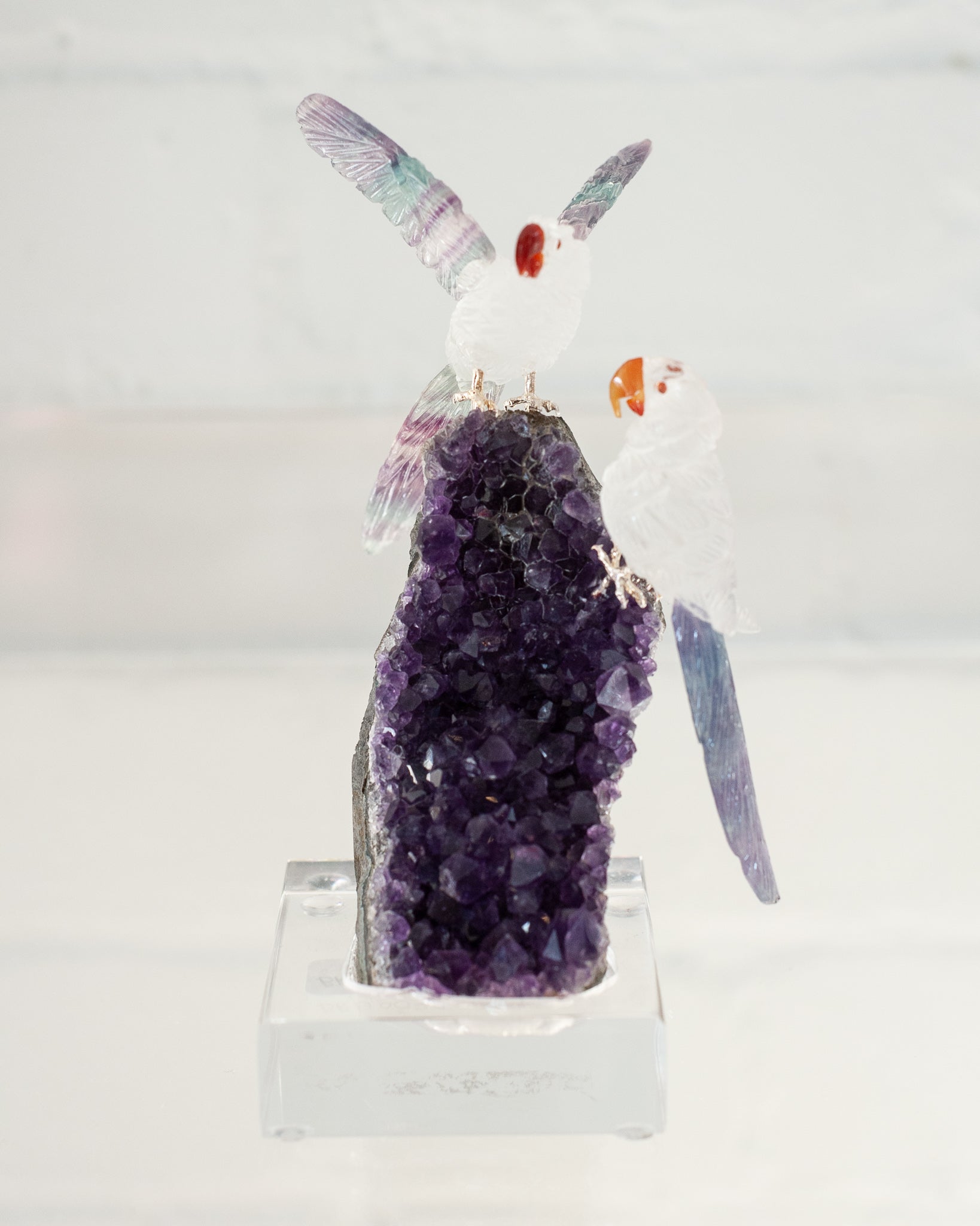 QUARTZ & FLUORITE MACAW PAIR ON AMETHYST GEODE BASE