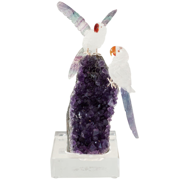 QUARTZ & FLUORITE MACAW PAIR ON AMETHYST GEODE BASE