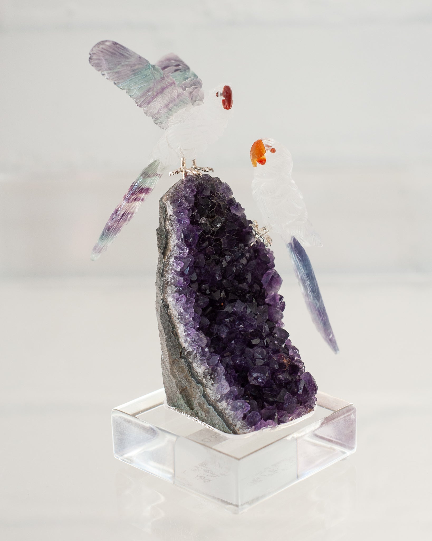 QUARTZ & FLUORITE MACAW PAIR ON AMETHYST GEODE BASE