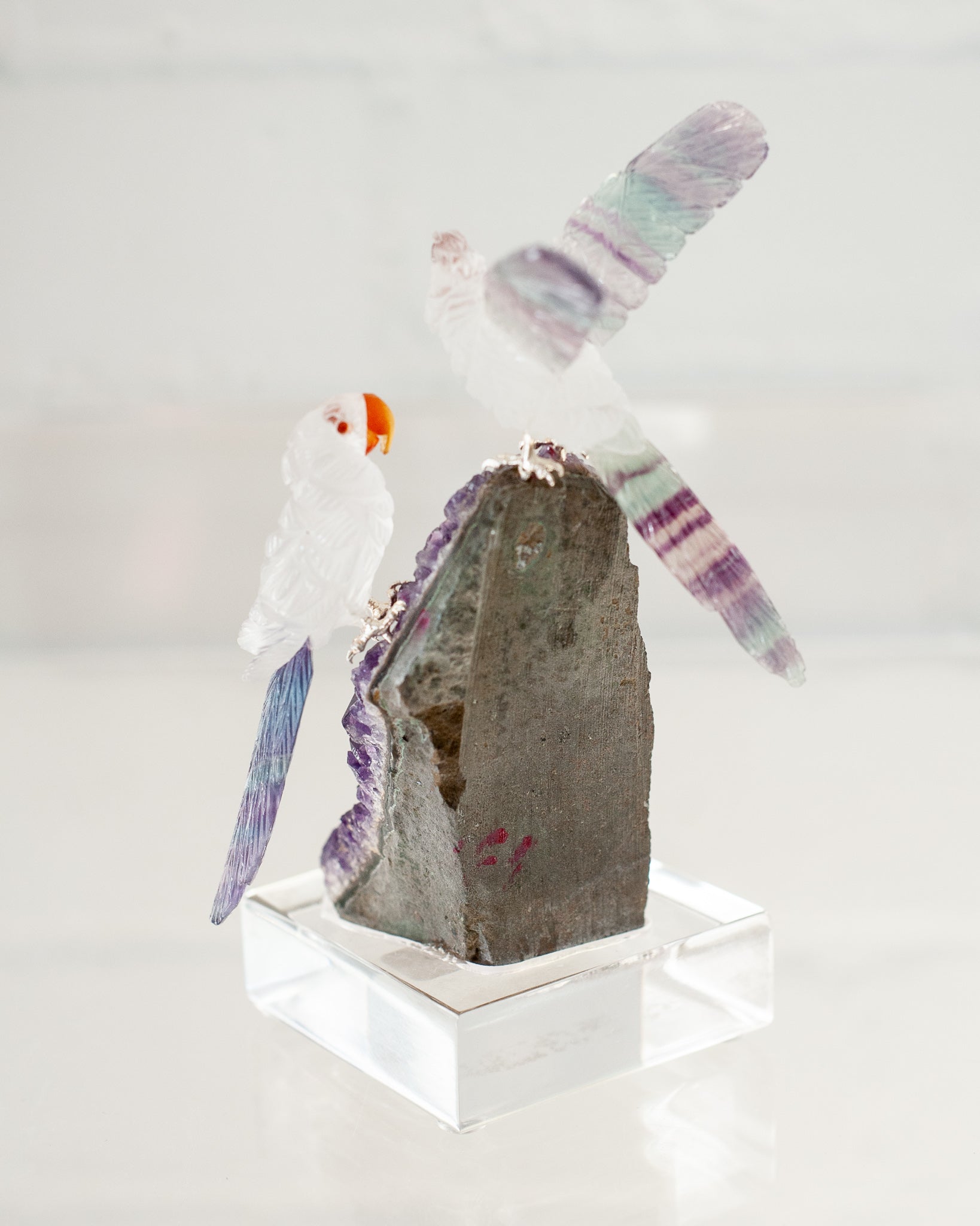 QUARTZ & FLUORITE MACAW PAIR ON AMETHYST GEODE BASE