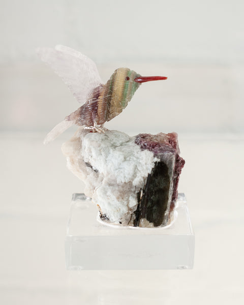 FLUORITE HUMMINGBIRD ON TOURMALINE & QUARTZ BASE