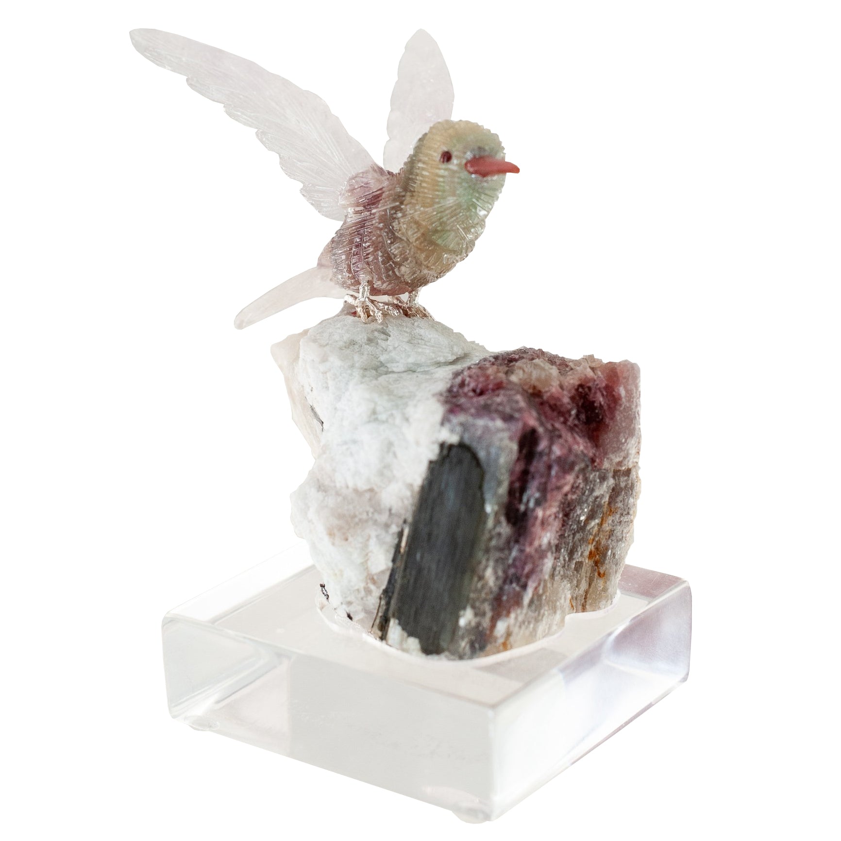 FLUORITE HUMMINGBIRD ON TOURMALINE & QUARTZ BASE