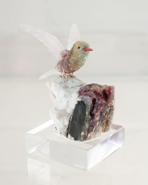 FLUORITE HUMMINGBIRD ON TOURMALINE & QUARTZ BASE