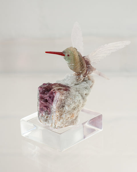 FLUORITE HUMMINGBIRD ON TOURMALINE & QUARTZ BASE