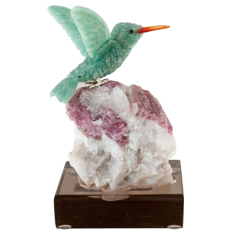 AMAZONITE HUMMINGBIRD ON RUBELLITE TOURMALINE BASE